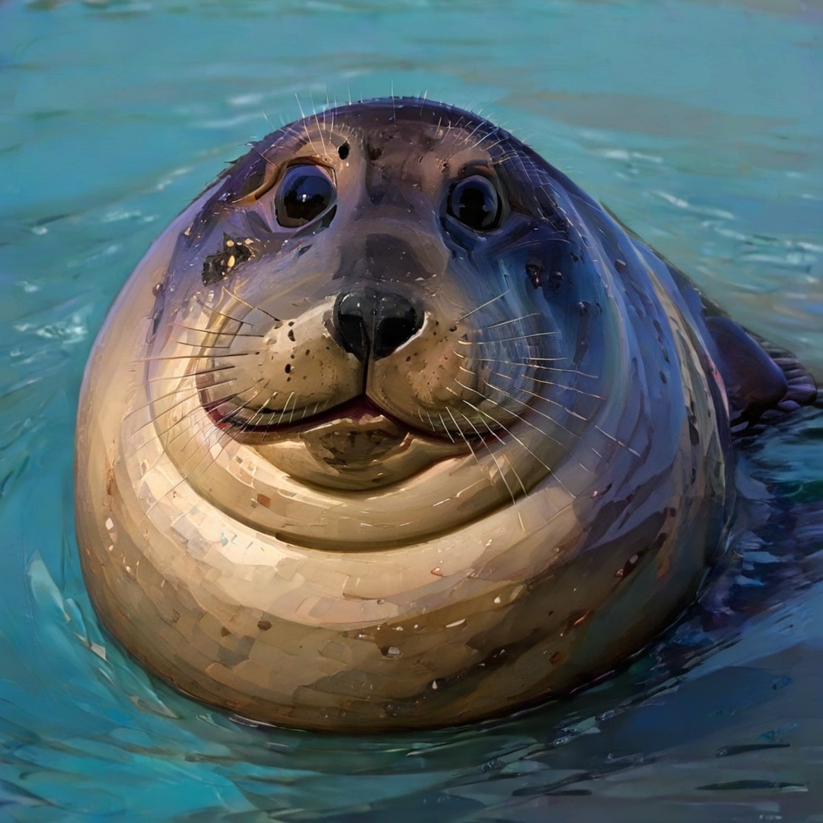 fisheye view, a funny smiling fat seal stares at the viewer, big nose, caricature, albeniz rodriguez style <lora:albeniz-r...